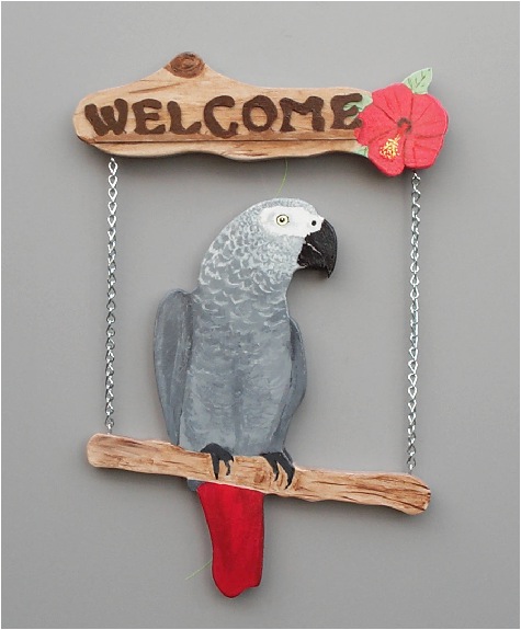 Handpainted African Grey Parrot Welcome Sign