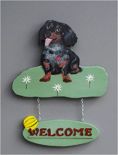 Handpainted longhaired Dachshund Puppy Welcome Sign