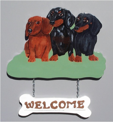 Handpainted 3 Dachshund Welcome Sign